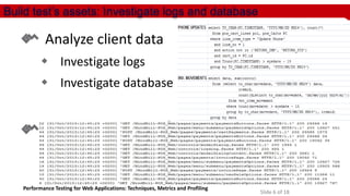 Build test’s assets: Investigate logs and database

Analyze client data
 Investigate logs

 Investigate database

Build scenarios

Performance Testing for Web Applications: Techniques, Metrics and Profiling

Slide 6 of 18

 