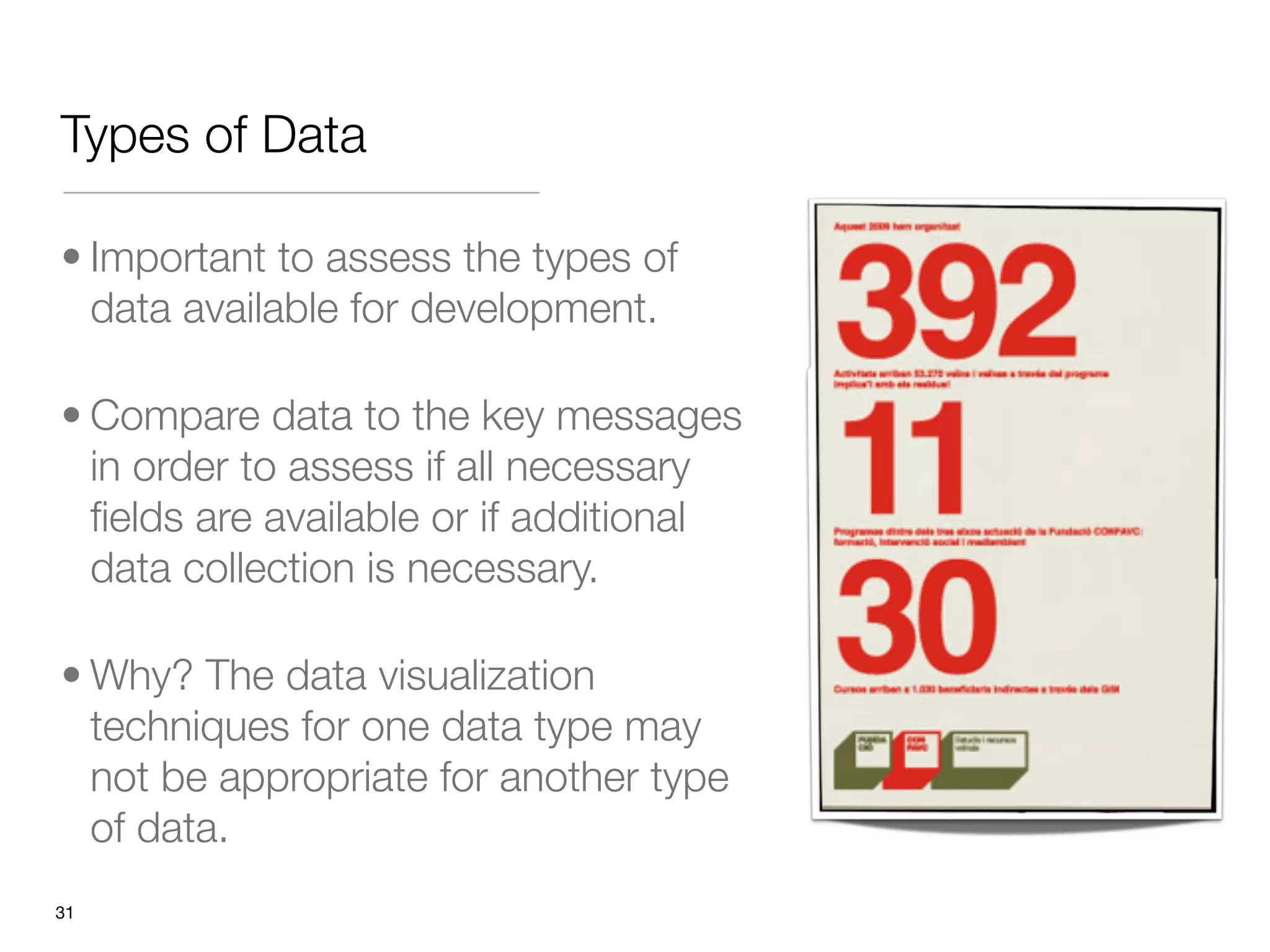Types of Data

• Important to assess the types of
  data available for development.

• Compare data to the key messages
  in order to assess if all necessary
  ﬁelds are available or if additional
  data collection is necessary. 

• Why? The data visualization
  techniques for one data type may
  not be appropriate for another type
  of data.
"31
 