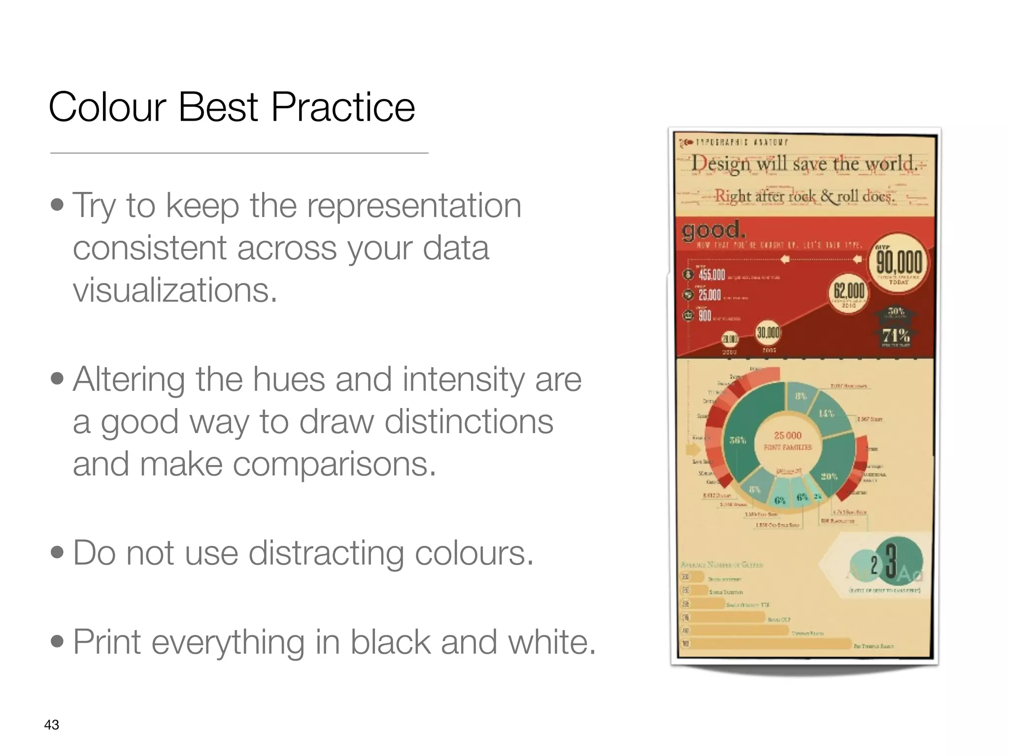 Colour Best Practice

• Try to keep the representation
  consistent across your data
  visualizations.

• Altering the hues and intensity are
  a good way to draw distinctions
  and make comparisons. 

• Do not use distracting colours. 

• Print everything in black and white.

"43
 