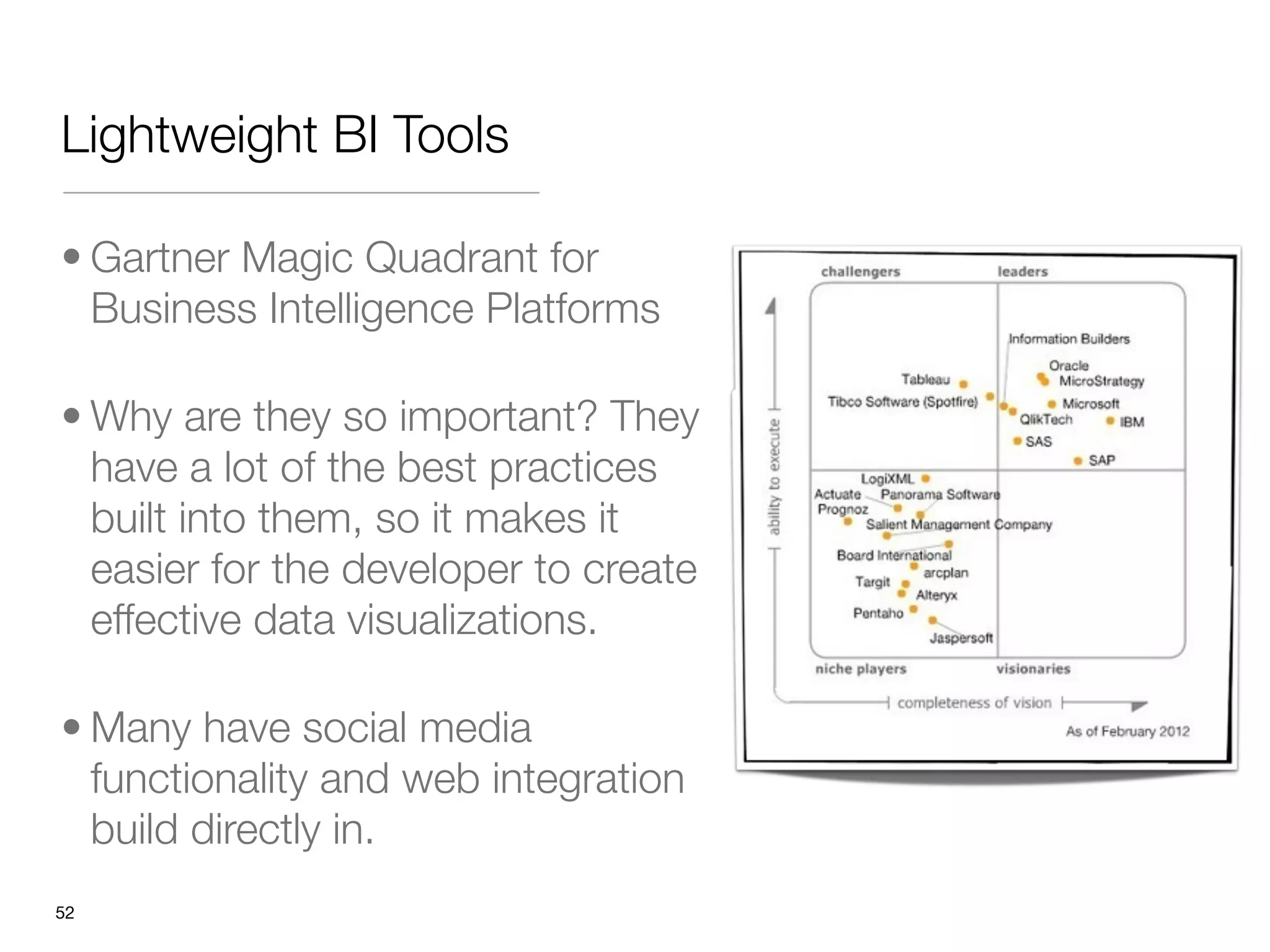 Lightweight BI Tools

• Gartner Magic Quadrant for
  Business Intelligence Platforms 

• Why are they so important? They
  have a lot of the best practices
  built into them, so it makes it
  easier for the developer to create
  effective data visualizations. 

• Many have social media
  functionality and web integration
  build directly in.
"52
 