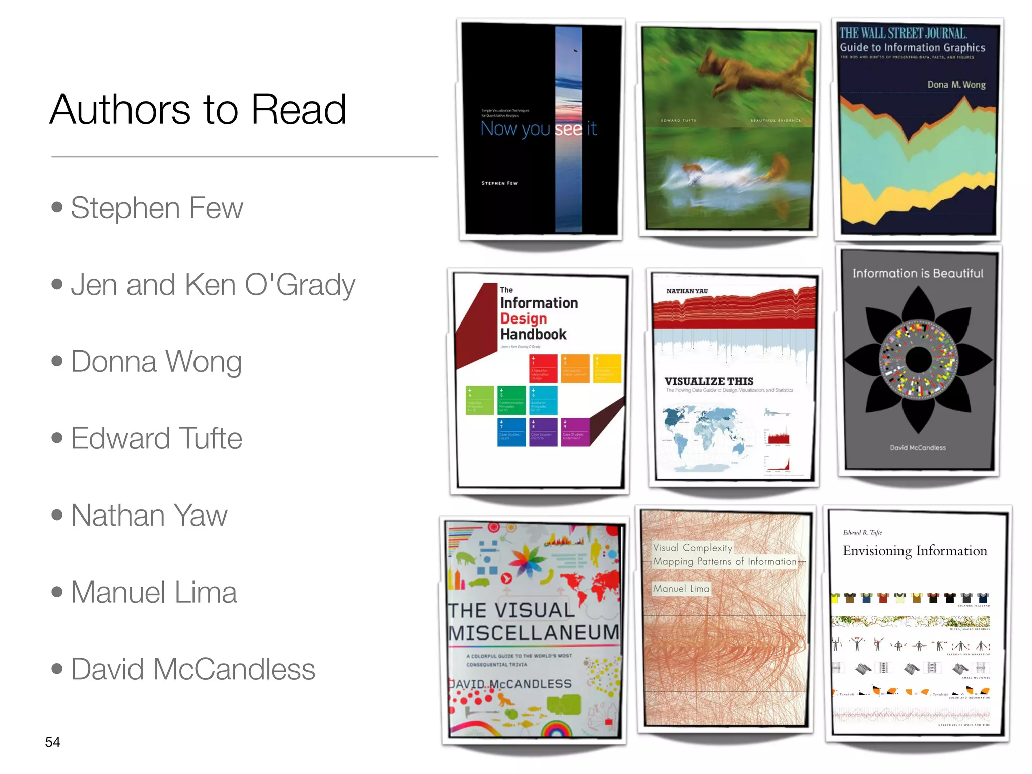 Authors to Read

• Stephen Few

• Jen and Ken O'Grady

• Donna Wong

• Edward Tufte

• Nathan Yaw

• Manuel Lima

• David McCandless

"54
 