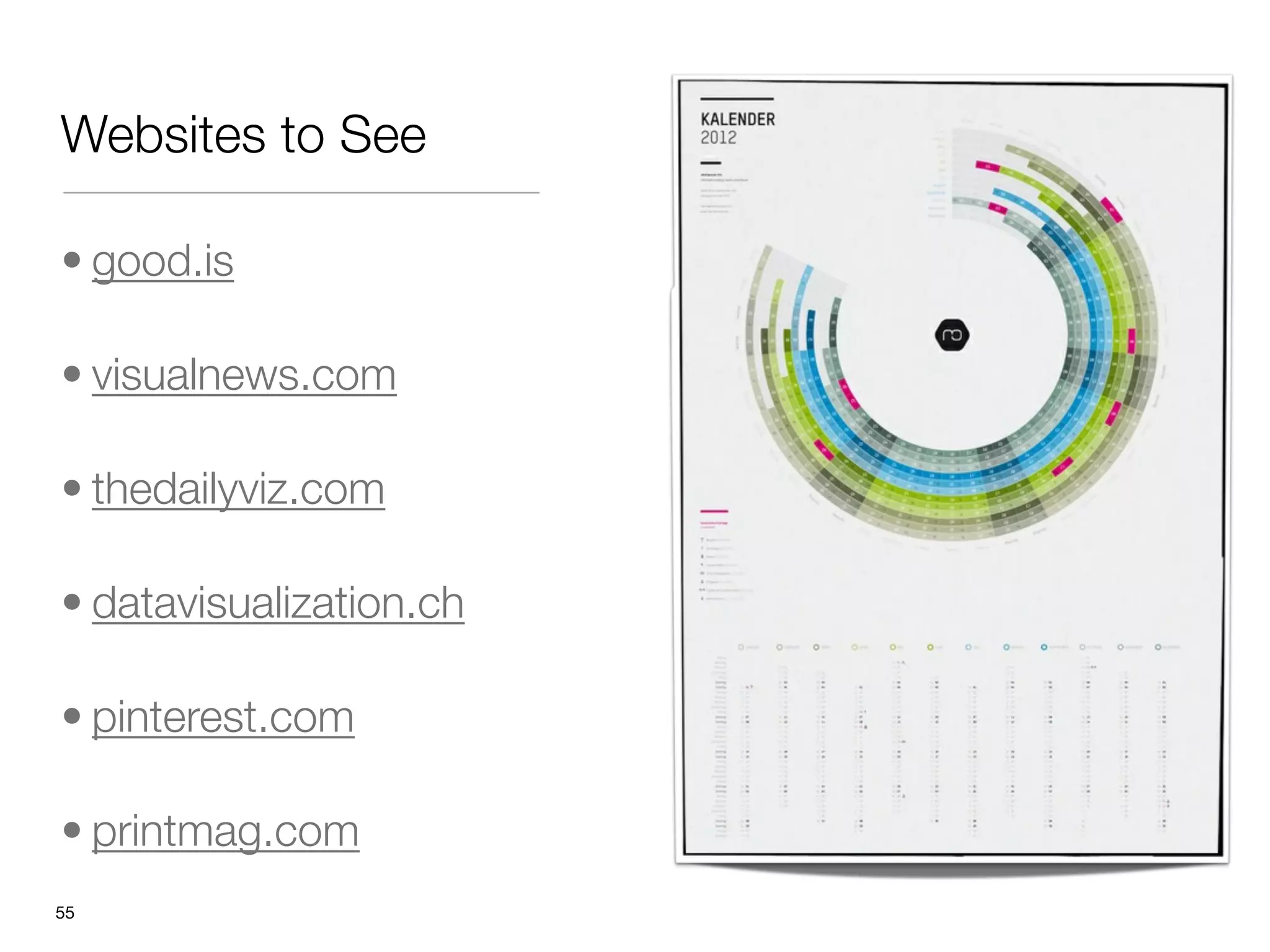 Websites to See

• good.is 

• visualnews.com 

• thedailyviz.com

• datavisualization.ch 

• pinterest.com 

• printmag.com
"55
 
