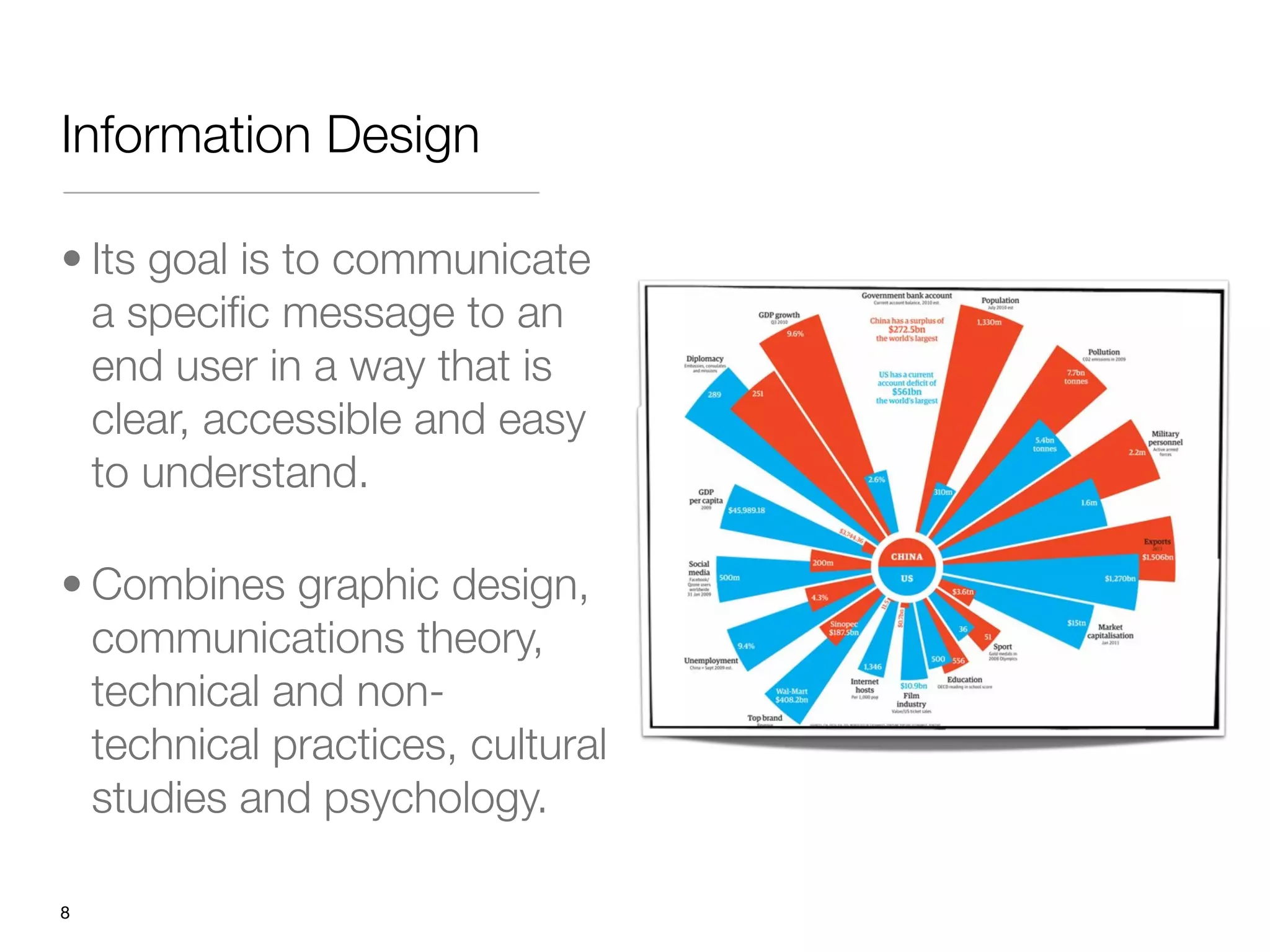 Information Design

• Its goal is to communicate
  a speciﬁc message to an
  end user in a way that is
  clear, accessible and easy
  to understand.

• Combines graphic design,
  communications theory,
  technical and non-
  technical practices, cultural
  studies and psychology.

"8
 