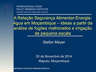 INTERNATIONAL FOOD POLICY RESEARCH INSTITUTE
A Relação Segurança Alimentar-Energia-
Água em Moçambique – Ideias a partir da
análise de fogões melhorados e irrigação
de pequena escala
Stefan Meyer
20 de Novembro de 2014
Maputo, Moçambique
 