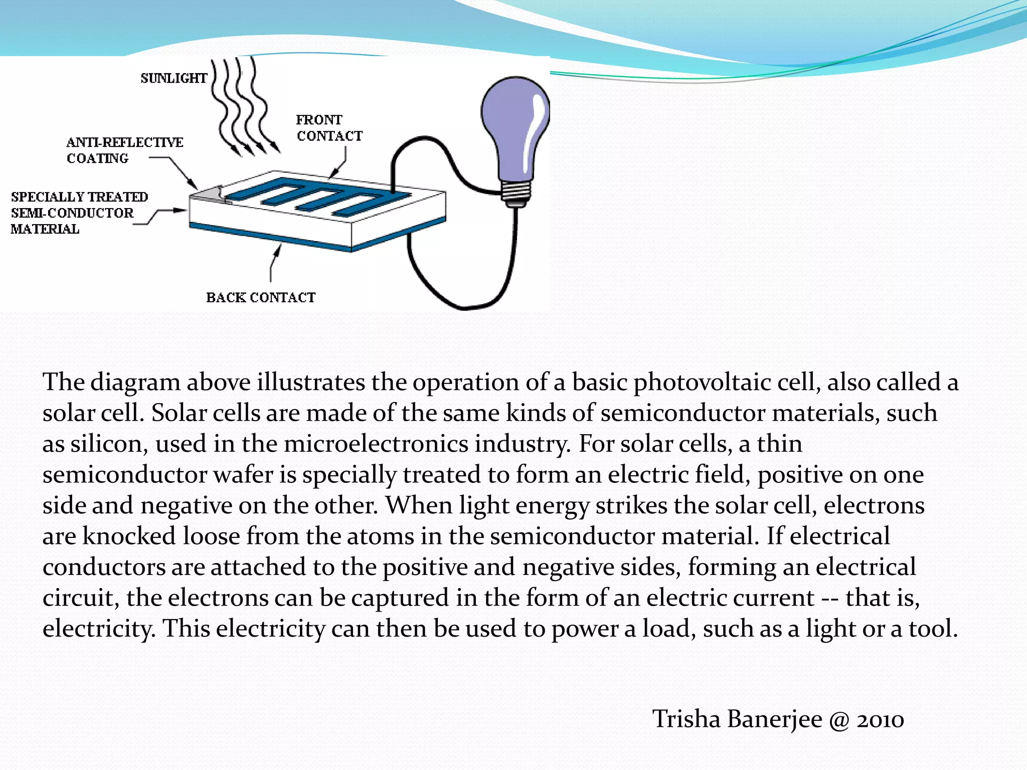 The diagram above illustrates the operation of a basic photovoltaic cell, also called a solar cell. Solar cells are made of the same kinds of semiconductor materials, such as silicon, used in the microelectronics industry. For solar cells, a thin semiconductor wafer is specially treated to form an electric field, positive on one side and negative on the other. When light energy strikes the solar cell, electrons are knocked loose from the atoms in the semiconductor material. If electrical conductors are attached to the positive and negative sides, forming an electrical circuit, the electrons can be captured in the form of an electric current -- that is, electricity. This electricity can then be used to power a load, such as a light or a tool.Trisha Banerjee @ 2010