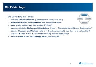 − Die0Bewertung0der0Fakten
− Vertiefte0Faktenrecherche (Deskresearch,0Interviews,0etc.)
− Problematisieren und0selektieren der0relevanten0Fakten
− Was0ist0wie0wichtig?0Wer0hat0welchen0Einfluss?0
− Welches0sind0die0Stärken0und0Schwächen0 (intern0X>0Transaktionsumfeld)0 der0Organisation?0
− Welche0Chancen0 und0Risiken0(extern0X>0Orientierungumwelt)0 aus0dem00sind0zu0beachten?
− Welche0Themen haben0 für0die0Problemlösung0 welche0Bedeutung?0
− Welche0Anspruchs; und0Dialoggruppen0 sind0relevant?0
Die0Faktenlage
35
Analyse
Strategie
Umsetzung
Evaluation
 