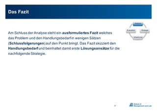 Am0Schluss0der0Analyse0steht0ein0ausformuliertes0Fazit0welches0
das0Problem0und0den0Handlungsbedarf0in0wenigen0Sätzen0
(Schlussfolgerungen)0auf0den0Punkt0bringt.0Das0Fazit0skizziert0den0
Handlungsbedarfund0beinhaltet0damit0erste0Lösungsansätze für0die0
nachfolgende0Strategie.
Das0Fazit
37
Analyse
Strategie
Umsetzung
Evaluation
 
