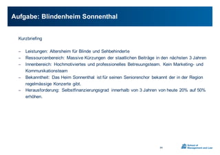Kurzbriefing
− Leistungen:0Altersheim0für0Blinde0und0Sehbehinderte
− Ressourcenbereich:0 Massive0Kürzungen0 der0staatlichen0Beiträge0in0den0nächsten030Jahren
− Innenbereich:0 Hochmotiviertes0und0professionelles0Betreuungsteam.0 Kein0MarketingX und0
Kommunikationsteam
− Bekanntheit:0 Das0Heim0Sonnenthal ist0für0seinen0Seniorenchor0 bekannt0der0in0der0Region0
regelmässige Konzerte0gibt.0
− Herausforderung:0 Selbstfinanzierungsgrad0 innerhalb0von030Jahren0von0heute020%0auf050%0
erhöhen.0
Aufgabe:0Blindenheim0Sonnenthal
94
 