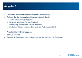 − Definieren0Sie0eine0kommunikative0Problemstellung0
− Spielen0Sie0die0Konzeptschritte0exemplarisch0durch:
− Analyse:0Was0ist0das0Problem?
− Strategie:0Wie0lösen0Sie0das0Problem?
− Umsetzung:0Womit0lösen0Sie0das0Problem?
− Evaluation:0Woran0erkennen0 Sie,0dass0das0Problem0gelöst0ist?
X Arbeiten0Sie0in0Dreiergruppen
X Zeit:0200Minuten
X Plenum:0Präsentieren0Sie0ihr0Konzept0vor0der0Klasse0(1X20Beispiele)
Aufgabe03
95
 