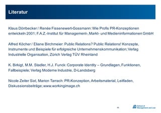 Klaus0Dörrbecker0/0Renée0FissenewertXGossmann:0Wie0Profis0PRXKonzeptionen0
entwickeln02001s0F.A.Z.XInstitut0für0ManagementX,0MarktX und0Medieninformationen0GmbH
Alfred0Köcher0/0Eliane0Birchmeier:0Public0Relations?0Public0Relations!0Konzepte,0
Instrumente0und0Beispiele0für0erfolgreiche0Unternehmenskommunikations0Verlag0
Industrielle0Organisation,0Zürich0Verlag0TÜV0Rheinland
K.0Birkigt,0M.M.0Stadler,0H.J.0Funck:0Corporate0Identity0– Grundlagen,0Funktionen,0
Fallbeispieles0Verlag0Moderne0Industrie,0DXLandsberg
Nicole0Zeiter Sixt,0Marion0Tarrach:0PRXKonzeption,0Arbeitsmaterial,0Leitfaden,0
Diskussionsbeiträges0www.workingimage.ch
Literatur
96
 