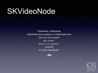 SKVideoNode
–Me
“VideoNode, VideoNode,
VideoNode does whatever a VideoNode does
Can it be less simple?
No, it can’t.
It is a Node, yes it is.
Lookout!
It is the VideoNode!”
 