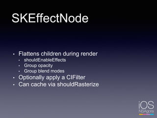 SKEffectNode
• Flattens children during render
• shouldEnableEffects
• Group opacity
• Group blend modes
• Optionally apply a CIFilter
• Can cache via shouldRasterize
 