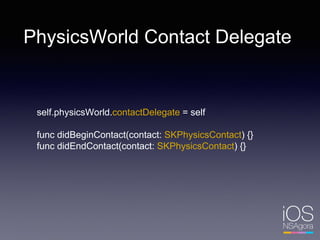 PhysicsWorld Contact Delegate
self.physicsWorld.contactDelegate = self
func didBeginContact(contact: SKPhysicsContact) {}
func didEndContact(contact: SKPhysicsContact) {}
 