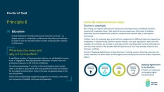 Charter of Trust
Principle 6
06 Education
Include dedicated cybersecurity courses in school curricula – as
degree courses in universities, professional education and trainings –
in order to lead the transformation of skills and job profiles needed
for the future.
Concrete implementation steps
Siemens example
By carrying out regular cybersecurity awareness training sessions worldwide, Siemens
ensures all employees have a high level of security awareness. We invest in building
dedicated security expertise for products, solutions and services with a role-specific
curriculum.
InfoSec Cards, for example, give practical hints categorized in different topics to support our
employees in implementing Siemens-specific InfoSec rules and regulations. With annually
renewed Trend Cards, we provide an overview of the most important current technical and
non-technical trends in the broader field of cybersecurity that may possibly influence the
Siemens portfolio.
And our “Applying Digitalization to your Business” training session, featuring cybersecurity
as key element, has been rolled out throughout the company and consists of four important
pillars:
What does that mean and
why is it so important?
A significant number of cybersecurity incidents are attributed to human
error or negligence. Raising everyone’s awareness of cyber risks and
protection measures is the first line of defense.
To continue developing IT security at the technological level, people
need to be able to acquire the skills and qualifications that are needed
for the digital transformation. Only in this way can people adapt to the
new job profiles.
That’s why corresponding supportive programs for schools, universities
and companies should be continued and expanded.
Design
business
Implement
and scale
business
Understand
technology
Experience
technology
Applying digitalization
to our business
A hands-on training to
accompany digital
transformation
 