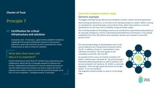 Charter of Trust
Principle 7
07 Certification for critical
infrastructure and solutions
Companies and – if necessary – governments establish mandatory
independent third-party certifications (based on future-proof
definitions, where life and limb is at risk in particular) for critical
infrastructure as well as critical IoT solutions.
Concrete implementation steps
Siemens example
The biggest challenge facing cybersecurity standards is holistic, system-oriented approaches.
Many existing standards focus on the level of the individual product or system. What is missing
are standards for overarching topics such as Smart Cities, which then continue in concrete
specifications for sub-areas such as mobility, energy and water supply.
One of the key platforms for building consensus on standards for requirements and procedures
for assessing compliance is the IEC (International Electrotechnical Commission). It has already
established more than 100 cybersecurity standards. Siemens was involved in around 90
percent of this.
What does that mean and
why is it so important?
Critical infrastructure and critical IoT solutions (e.g. autonomous cars,
collaborative robots) will be increasingly exposed to cybersecurity
threats. Independent certifications for security-relevant processes or
security-relevant technical solutions can help to reduce the risk of
cybersecurity incidents, where harm for life and limb of people are at
risk. It’s up to companies – and governments, if necessary.
The overarching strategy of standardization work in the
area of cybersecurity is being driven by Siemens within
the IEC. In addition, Siemens is represented in many
individual committees. The same applies to the
committees at the IEEE, IEFF and ISO.
An example of the success of a holistic standard is IEC
62443. It defines basic standards for “Security by Design,”
holistically addressing operators as well as products and
services included in IoT solutions. IEC 62443 is universally
applicable, “from the high-speed locomotive to the light
switch.” It sets the standards
that engineers should consider as early on as the design
stage.
 