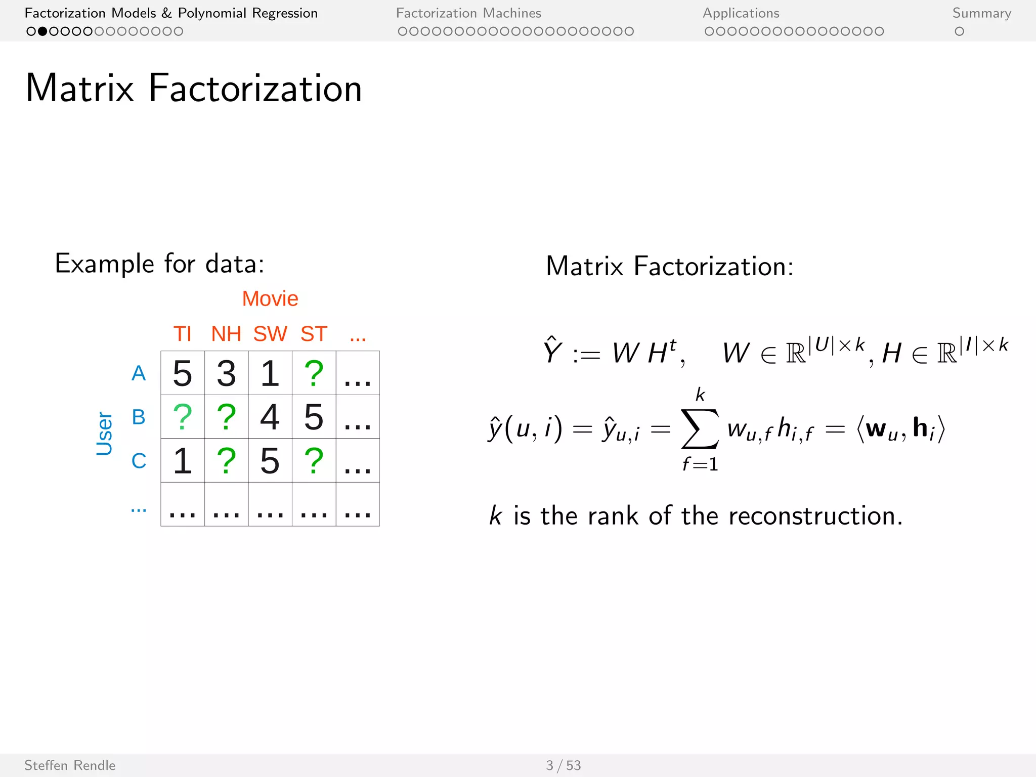 Factorization Models  Polynomial Regression Factorization Machines Applications Summary 
Matrix Factorization 
Example for data: Matrix Factorization: 
Movie 
TI NH SW ST ... 
5 3 1 ? ... 
? ? 4 5 ... 
1 ? 5 ? ... 
... ... ... ... ... 
A 
B 
C 
... 
User 
^ Y := W Ht ; W 2 RjUjk ;H 2 RjIjk 
^y(u; i) = ^yu;i = 
Xk 
f =1 
wu;f hi ;f = hwu; hi i 
k is the rank of the reconstruction. 
Steen Rendle 3 / 53 
 