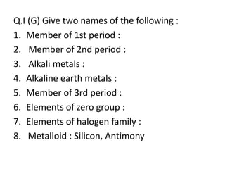 Q.I (G) Give two names of the following :
1. Member of 1st period :
2. Member of 2nd period :
3. Alkali metals :
4. Alkaline earth metals :
5. Member of 3rd period :
6. Elements of zero group :
7. Elements of halogen family :
8. Metalloid : Silicon, Antimony
 