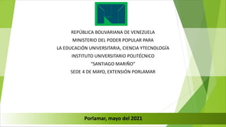 REPÚBLICA BOLIVARIANA DE VENEZUELA
MINISTERIO DEL PODER POPULAR PARA
LA EDUCACIÓN UNIVERSITARIA, CIENCIA YTECNOLOGÍA
INSTITUTO UNIVERSITARIO POLITÉCNICO
“SANTIAGO MARIÑO”
SEDE 4 DE MAYO, EXTENSIÓN PORLAMAR
Autora: Steffi Wueffer
c.i.: 24.666.739
Porlamar, mayo del 2021
Contaminación ambiental
 