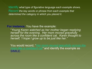 For instance,  You have the example: “ Young Karen watched as her mother began readying herself for the evening.  Her mom moved gracefully across the room like a confident cat.  Karen thought to herself, ‘I hope I grow up to be just like her.”  You would record, “ Her mom moved gracefully across the room like a confident cat ”  and identify the example as  SIMILE. Identify   what type of figurative language each example shows. Record   the key words or phrase from each example that determined the category in which you placed it. 
