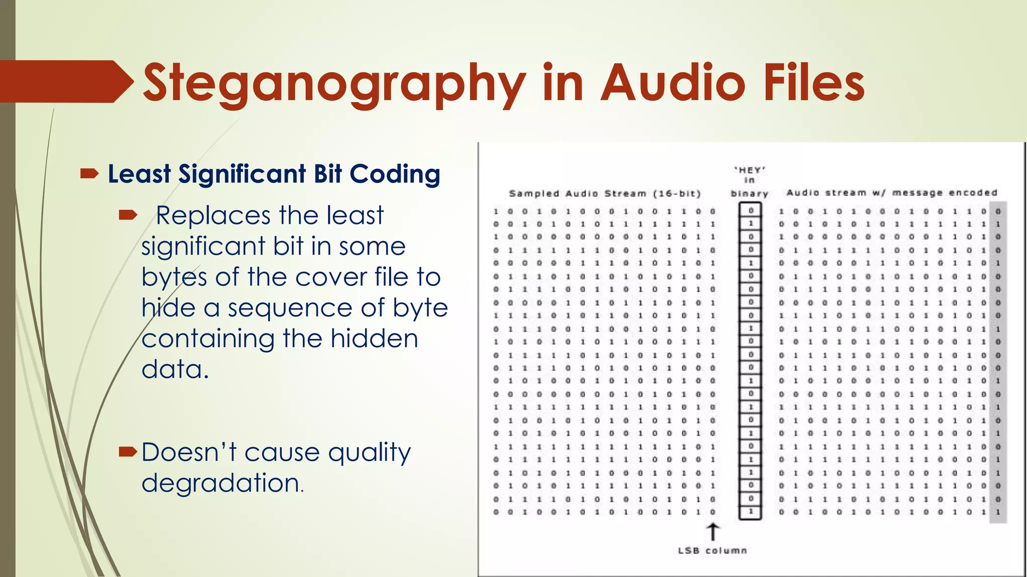 Steganography in Audio Files
 Least Significant Bit Coding
 Replaces the least
significant bit in some
bytes of the cover file to
hide a sequence of byte
containing the hidden
data.
Doesn’t cause quality
degradation.
 