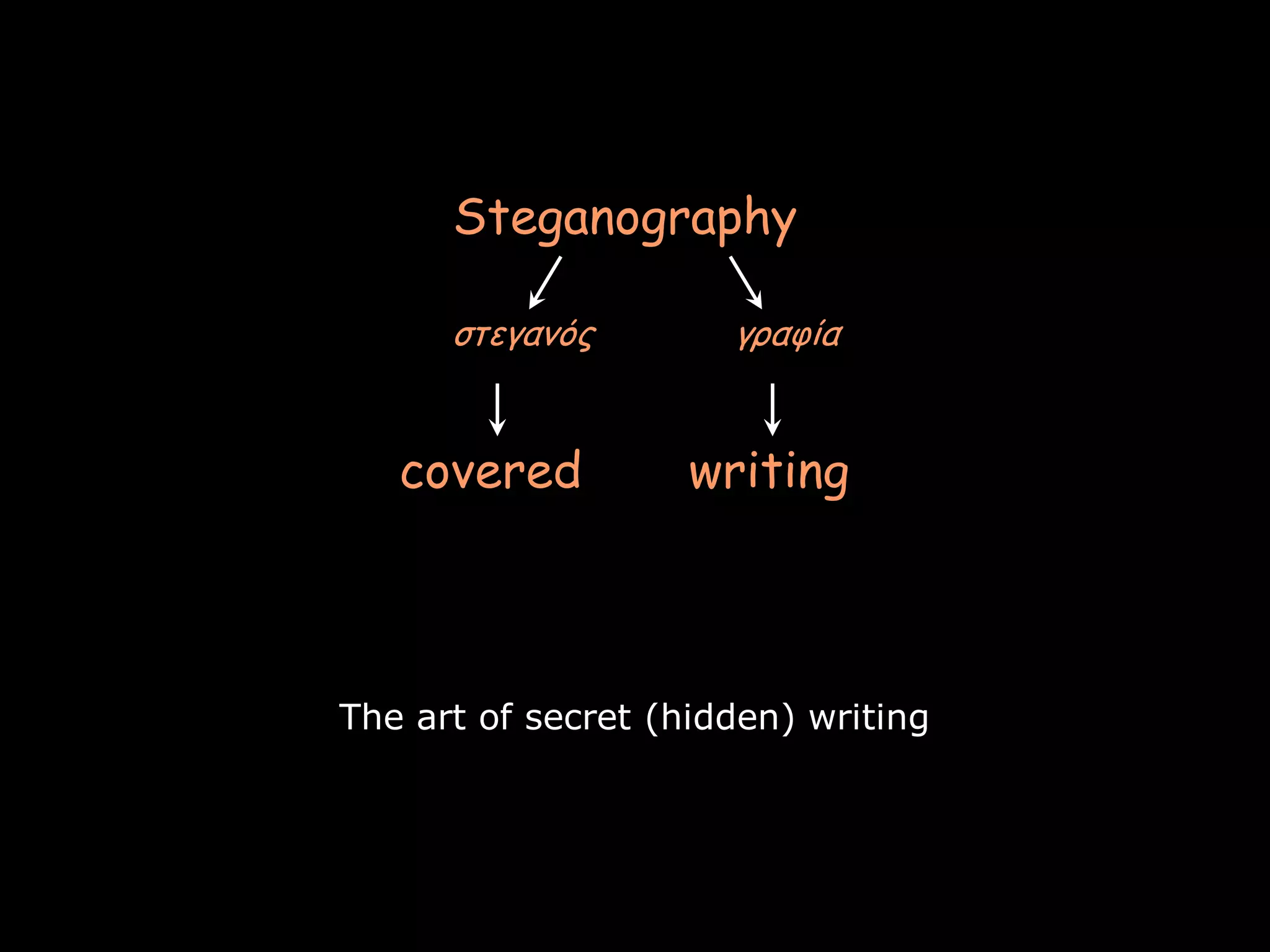 Steganography

      στεγαμός        γραυία


   covered          writing



The art of secret (hidden) writing




                                     Page 4
 