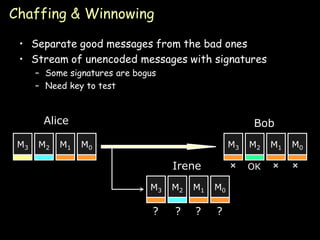 Chaffing & Winnowing

 • Separate good messages from the bad ones
 • Stream of unencoded messages with signatures
      – Some signatures are bogus
      – Need key to test



       Alice                                            Bob
 M3   M2   M1   M0                                 M3   M2   M1   M0

                                    Irene          ×    OK   ×     ×
                               M3   M2   M1   M0

                                ?   ?    ?    ?
                                                                  Page 11
 