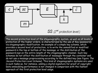 The second protection level of the steganographic system, as well as all levels of
protection of the higher orders, is characterized by the use of Key (password)
via steganographic modification. An example of a simple key scheme, which
provides a second level of protection, is to write the unmodified or modified
password in the top or bottom of the message; or the distribution of the
password sign on the entire length of the steganographic channel. Such key
schemes do not affect the distribution of messages through the container and
do not use a message preprocessing according to the defined key (see figure The
Second Protection Level Scheme). This kind of steganographic systems are used
in such tasks as, for instance, adding a digital signature for proof of copyright.
Data embedding performance is not changed in comparison with the fastest
approach of the first protection level usage.                                  Page 30
 