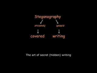 Steganography

      στεγαμός        γραυία


   covered          writing



The art of secret (hidden) writing




                                     Page 4
 