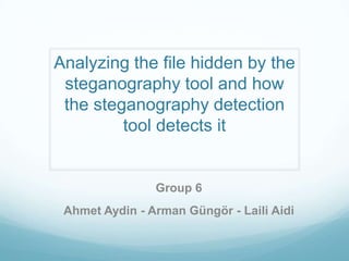Analyzing the file hidden by the
 steganography tool and how
 the steganography detection
         tool detects it


                Group 6
 Ahmet Aydin - Arman Güngör - Laili Aidi
 