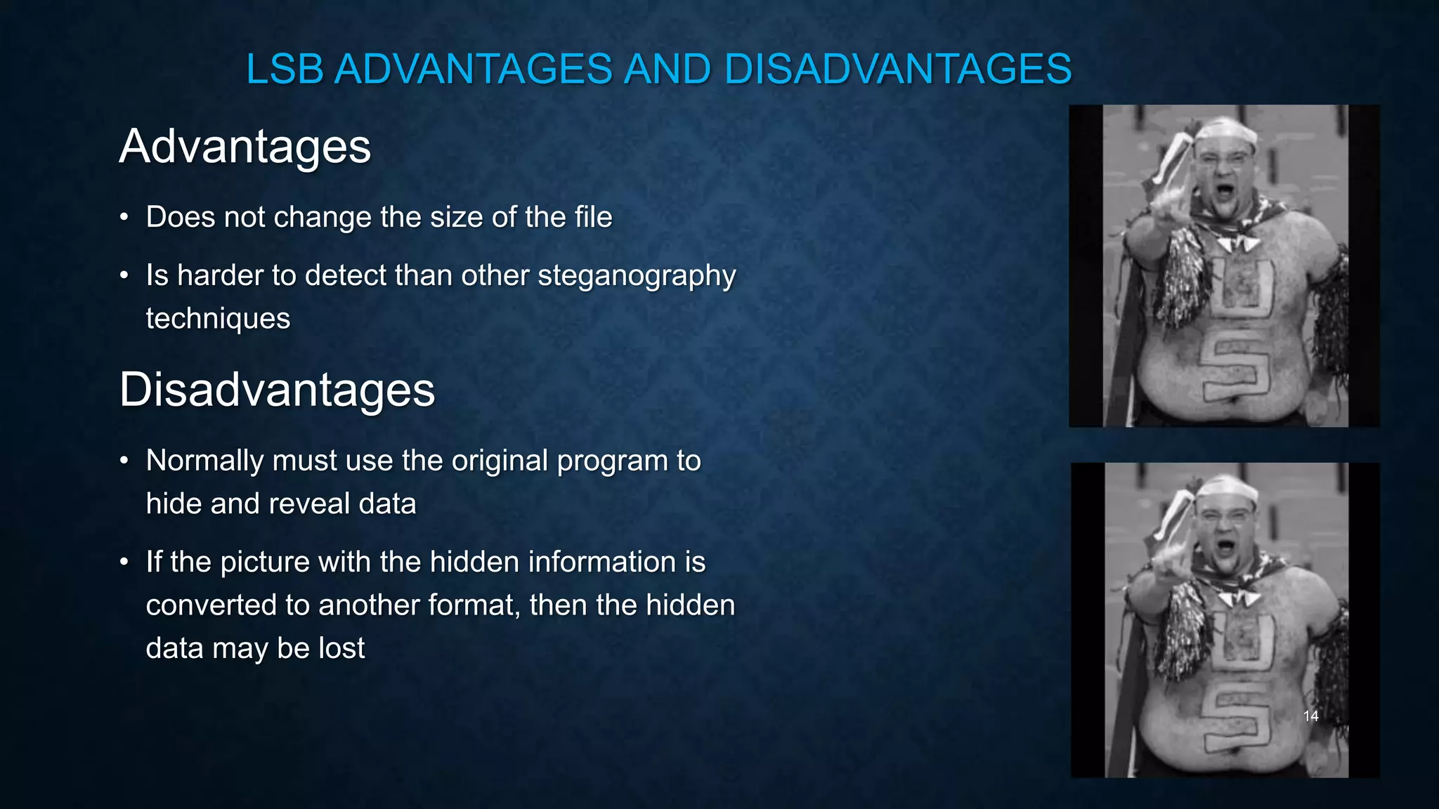 LSB ADVANTAGES AND DISADVANTAGES

Advantages
• Does not change the size of the file

• Is harder to detect than other steganography
techniques

Disadvantages
• Normally must use the original program to
hide and reveal data
• If the picture with the hidden information is
converted to another format, then the hidden
data may be lost
14

 
