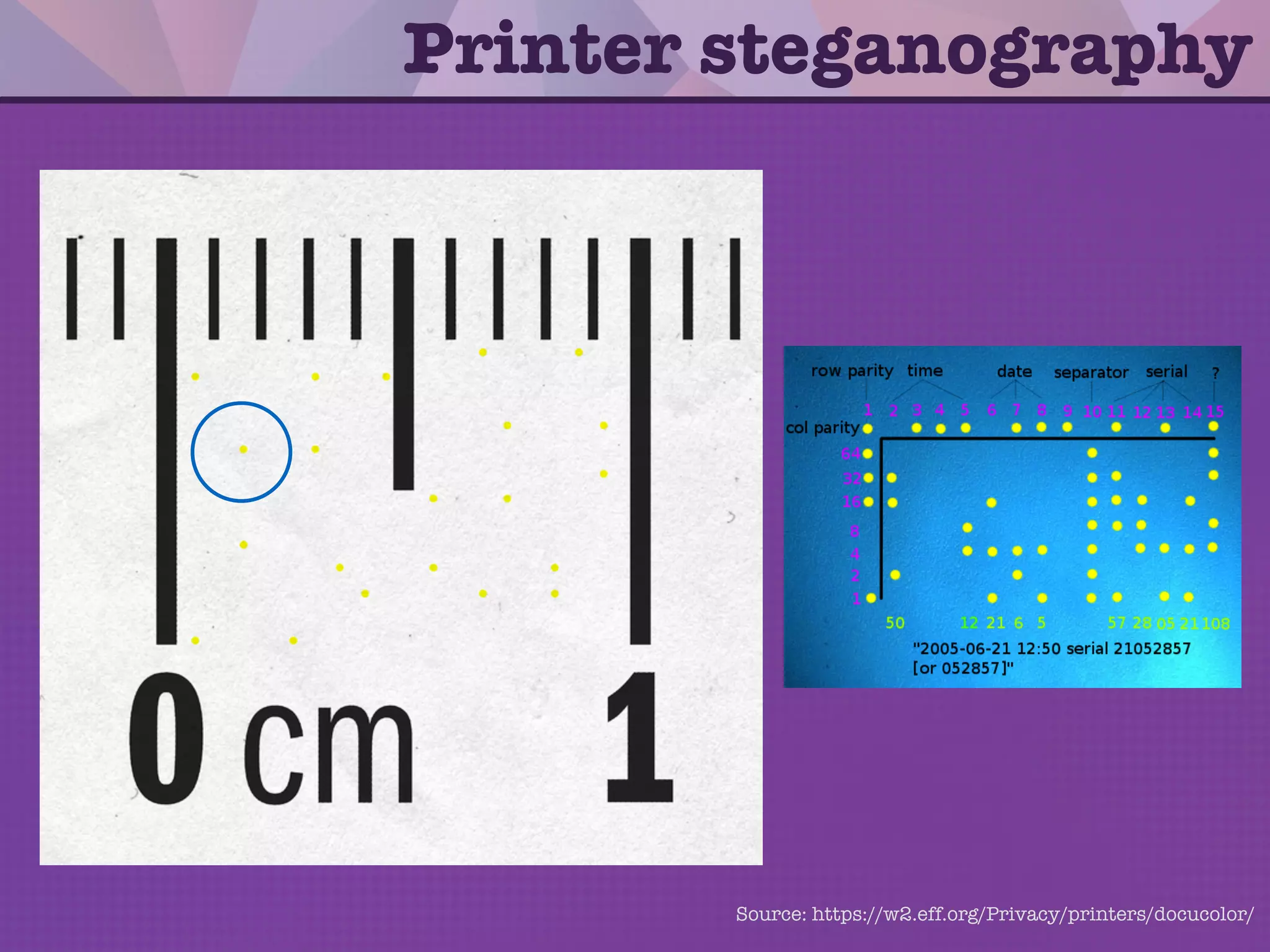 • Some brand color laser printers add tiny
yellow dots to each page, that contain
encoded printer serial numbers and
timestamps.
• Monochrome printers and copiers from
major manufacturers also include the
markings.
• Most printers' codes have not been
decoded.
Printer steganography
 