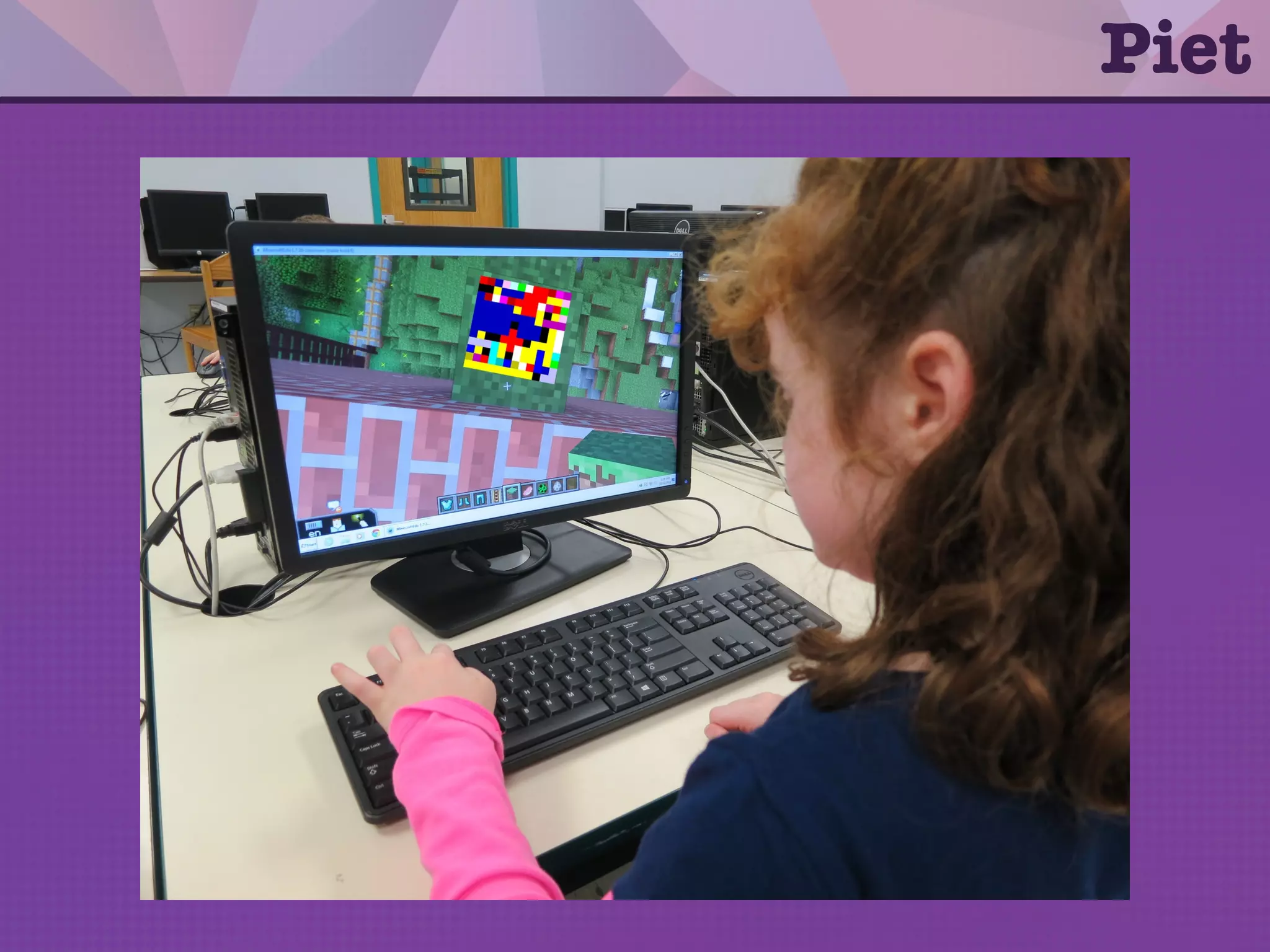 525
Piet
Darkness change
Hue change None 1 2
None push pop
1 step add substract multiply
2 steps divide mod not
3 steps greater pointer switch
4 steps duplicate roll in(number)
5 steps in(char) out(number) out(char)
DP right CC left
$ npiet example1.png
? 5
25
5
 