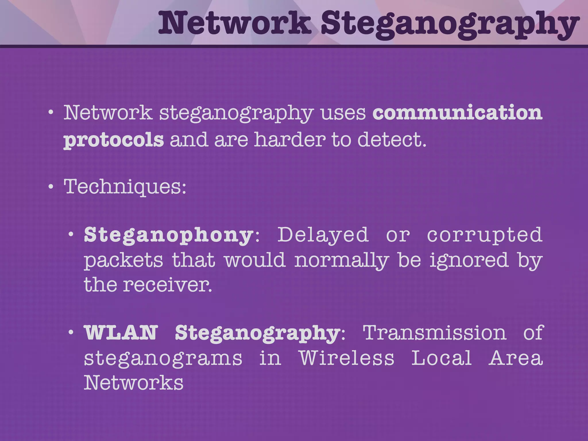 Steganographic ﬁlesystem
0 1 2 3 4 5 6 7 8
1.txt 2
2.txt 5
3.txt 7
3 4 EOF EOF EOF6 8
Boot FATFilesystem
Boot FATFilesystem-level encryption
PartitionSteganographic ﬁlesystem
 