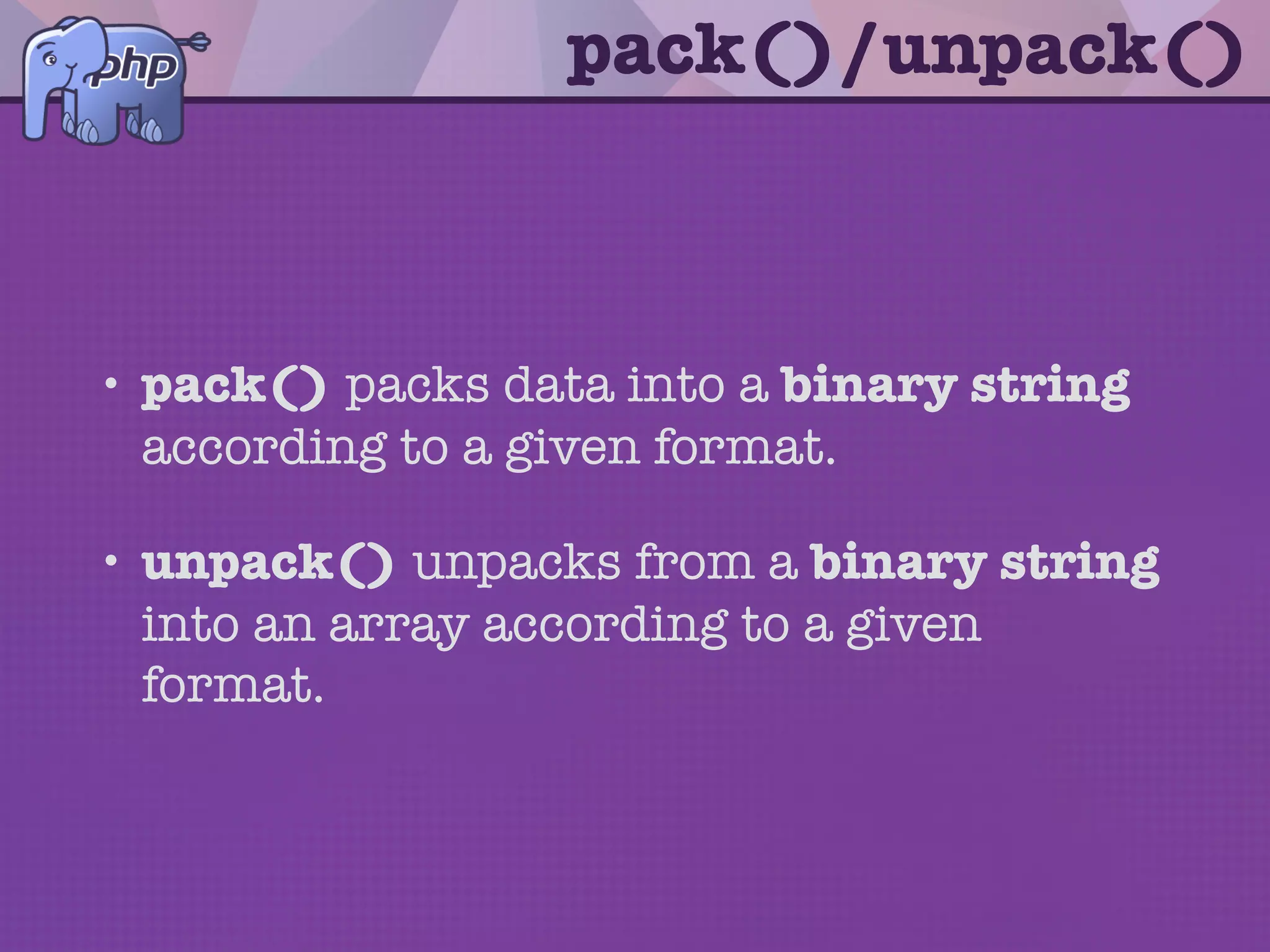 5
l l oh e*val
len
Binary strings
typedef union _zvalue_value {
long lval;
double dval;
struct {
char *val;
int len;
} str;
HashTable *ht;
zend_object_value obj;
} zvalue_value;
6
091 21314 0123 88
$str[5]
Big endian: 14 - 0
Little endian: 0 - 14
strlen()
 