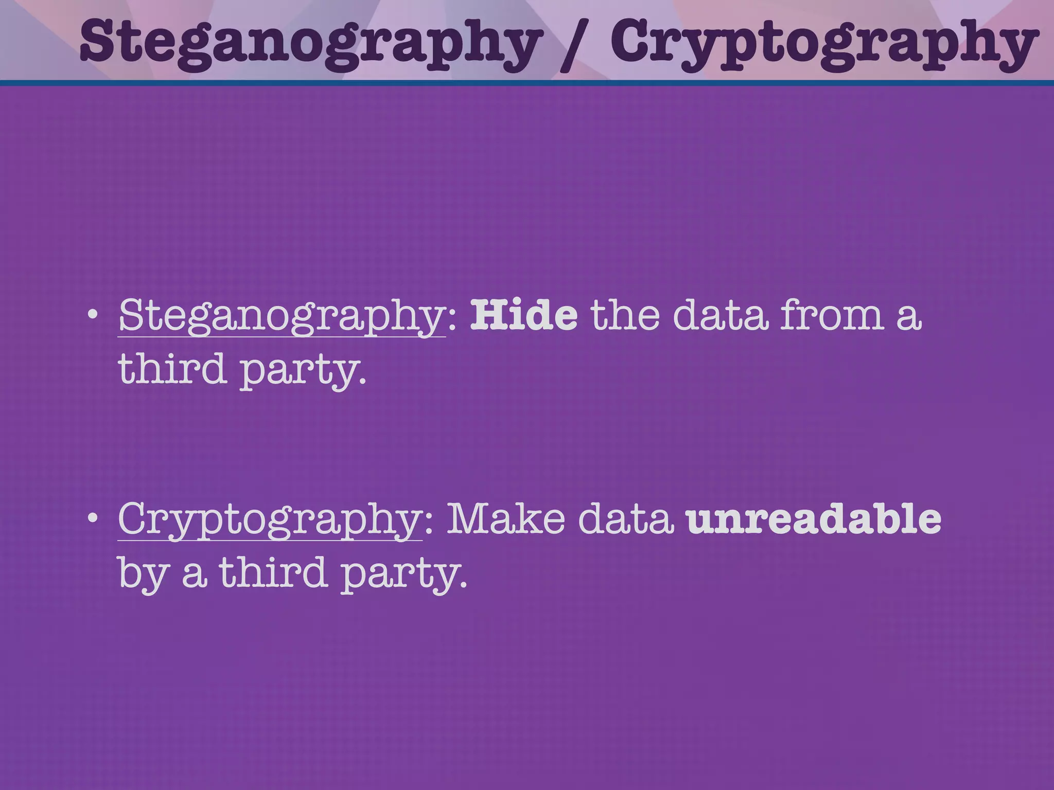 Terminology
Embedding (E)
Extracting (D)
Cover (C) Message (M)
Stego-Object (S)
Key (K)
 