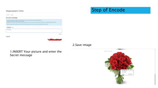 1.INSERT Your picture and enter the
Secret message
2.Save image
Step of Encode
 