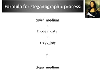 Formula for steganographic process:

              cover_medium
                     +
               hidden_data
                     +
                 stego_key


                   =

              stego_medium
 