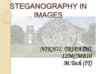 STEGANOGRAPHY IN
IMAGES
NIKHIL TRIPATHI
12MCMB10
M.Tech (IT)
 