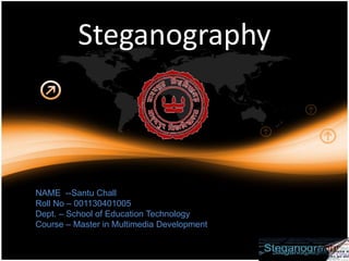 Steganography
NAME --Santu Chall
Roll No – 001130401005
Dept. – School of Education Technology
Course – Master in Multimedia Development
 