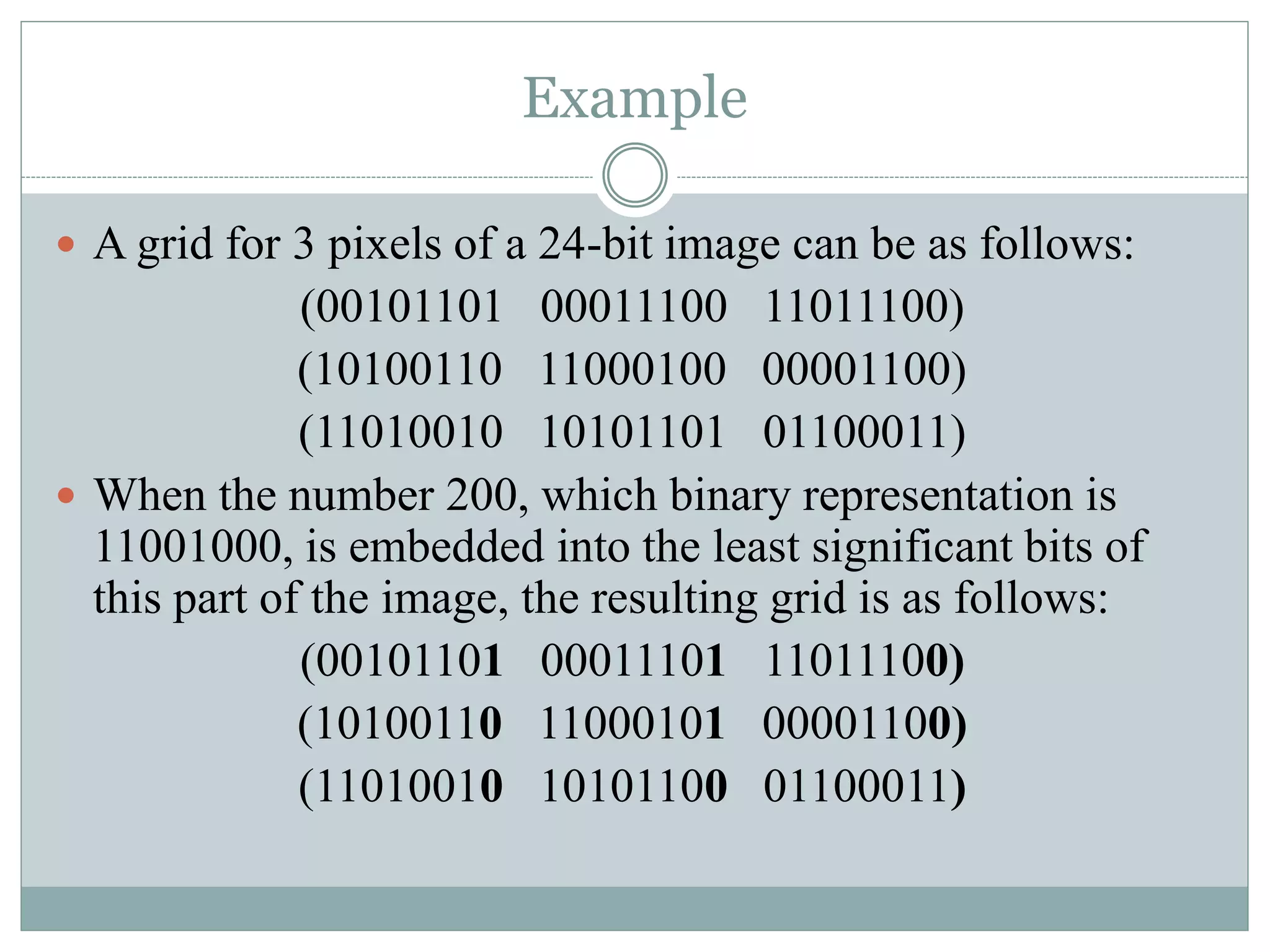 Example
 A grid for 3 pixels of a 24-bit image can be as follows:
(00101101 00011100 11011100)
(10100110 11000100 00001100)
(11010010 10101101 01100011)
 When the number 200, which binary representation is
11001000, is embedded into the least significant bits of
this part of the image, the resulting grid is as follows:
(00101101 00011101 11011100)
(10100110 11000101 00001100)
(11010010 10101100 01100011)
 