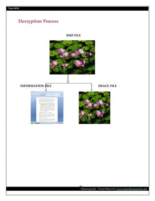 Page 38/62
Steganography – Project Report by www.mmer2programmer.net
38
Decryption Process
BMP FILE
INFORMATION FILE IMAGE FILE
 