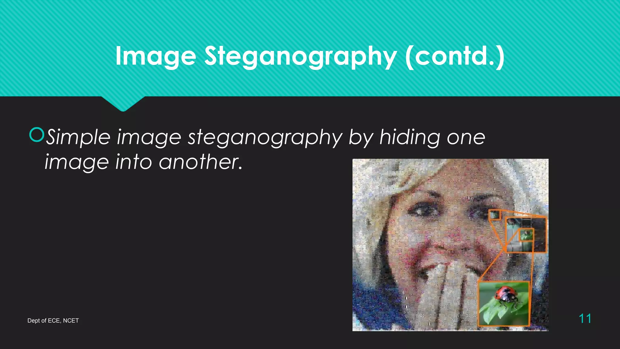 Image Steganography (contd.)
Simple image steganography by hiding one
image into another.
Dept of ECE, NCET 11
 