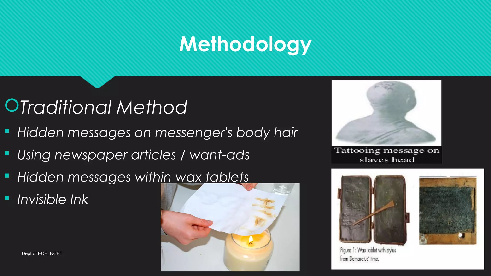 Methodology
Traditional Method
 Hidden messages on messenger's body hair
 Using newspaper articles / want-ads
 Hidden messages within wax tablets
 Invisible Ink
Dept of ECE, NCET 5
 