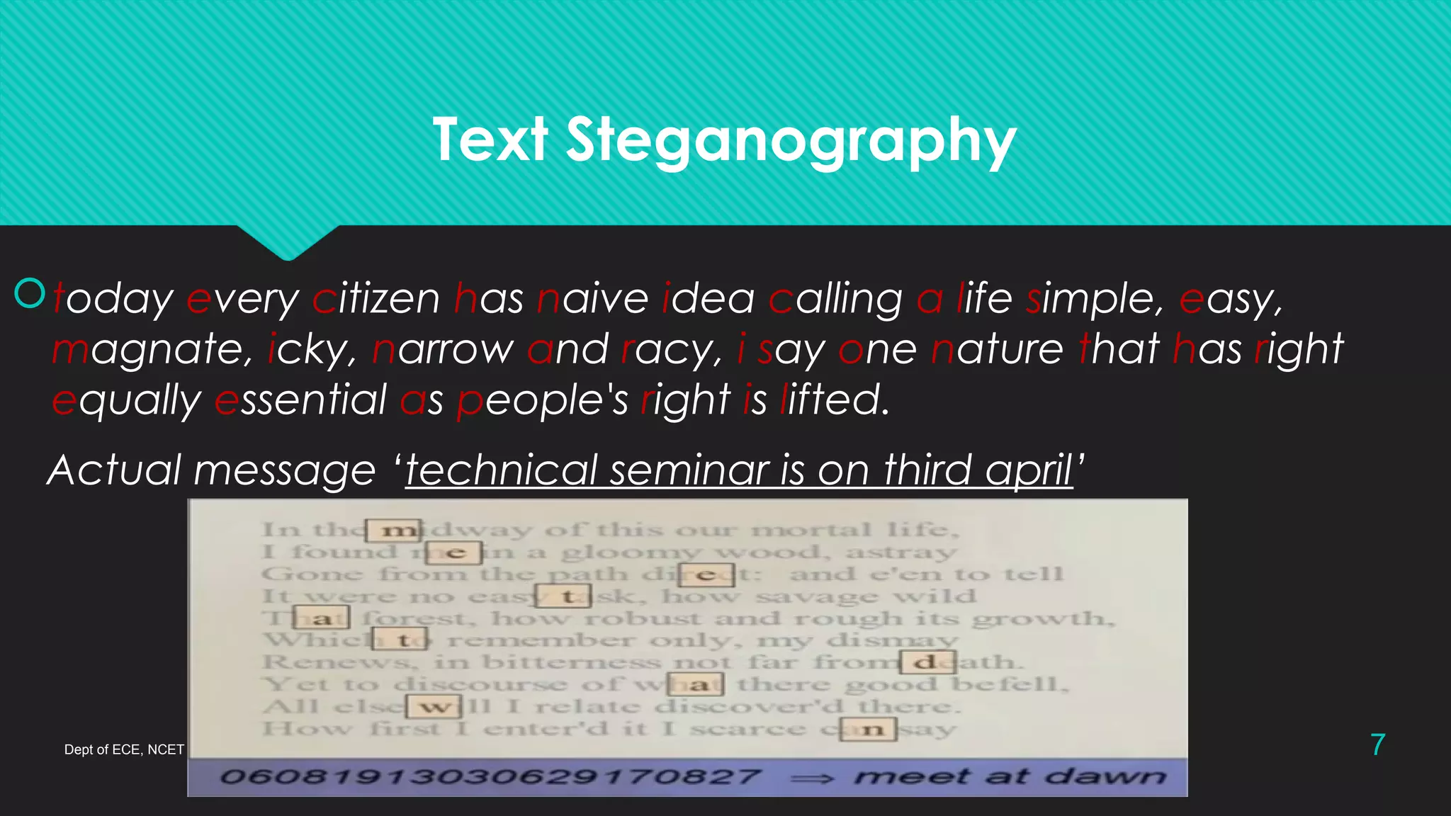 Text Steganography
today every citizen has naive idea calling a life simple, easy,
magnate, icky, narrow and racy, i say one nature that has right
equally essential as people's right is lifted.
Actual message ‘technical seminar is on third april’
Dept of ECE, NCET 7
 