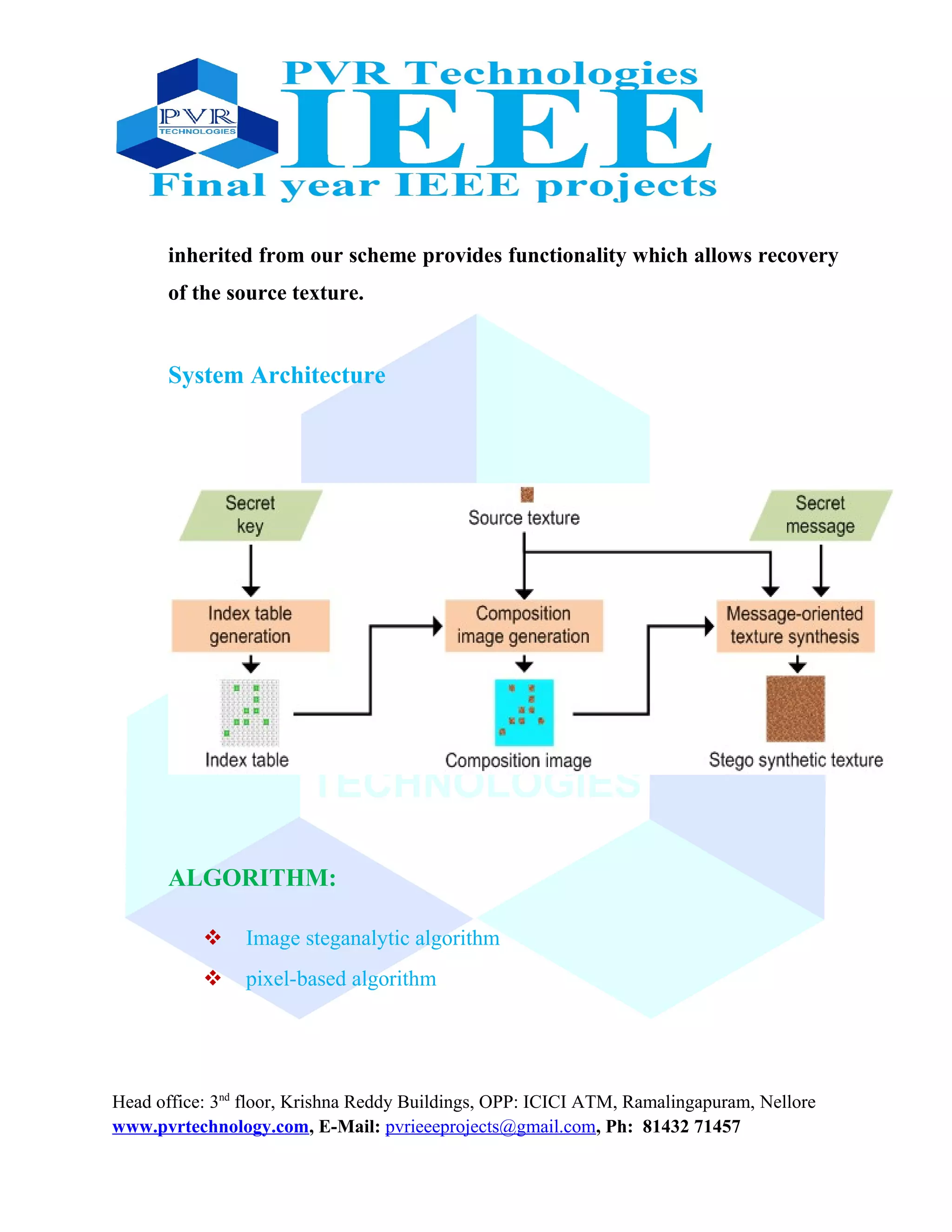 inherited from our scheme provides functionality which allows recovery
of the source texture.
System Architecture
ALGORITHM:
 Image steganalytic algorithm
 pixel-based algorithm
Head office: 3nd
floor, Krishna Reddy Buildings, OPP: ICICI ATM, Ramalingapuram, Nellore
www.pvrtechnology.com, E-Mail: pvrieeeprojects@gmail.com, Ph: 81432 71457
 