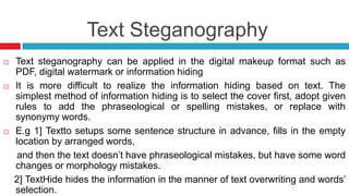 Text Steganography Examples Steganography | PPTX