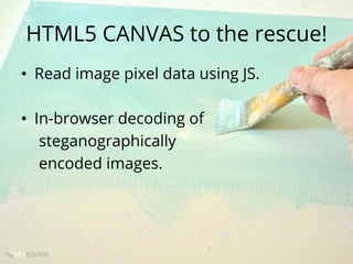 NETSQUARE
HTML5 CANVAS to the rescue!
•  Read image pixel data using JS.
•  In-browser decoding of
steganographically
encoded images.
 
