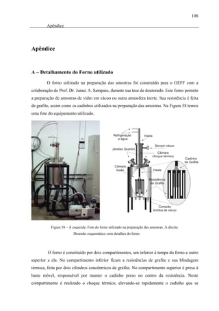 108

        Apêndice




Apêndice


A – Detalhamento do Forno utilizado

        O forno utilizado na preparação das amostras foi construído para o GEFF com a
colaboração do Prof. Dr. Juraci A. Sampaio, durante sua tese de doutorado. Este forno permite
a preparação de amostras de vidro em vácuo ou outra atmosfera inerte. Sua resistência é feita
de grafite, assim como os cadinhos utilizados na preparação das amostras. Na Figura 58 temos
uma foto do equipamento utilizado.




           Figura 58 – À esquerda: Foto do forno utilizado na preparação das amostras. À direita:
                          Desenho esquemático com detalhes do forno.




         O forno é constituído por dois compartimentos, um inferior à tampa do forno e outro
superior a ela. No compartimento inferior ficam a resistências de grafite e sua blindagem
térmica, feita por dois cilindros concêntricos de grafite. No compartimento superior é presa à
haste móvel, responsável por manter o cadinho preso no centro da resistência. Neste
compartimento é realizado o choque térmico, elevando-se rapidamente o cadinho que se
 