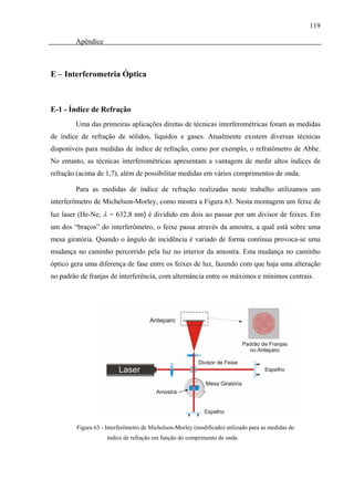 119

        Apêndice



E – Interferometria Óptica



E-1 - Índice de Refração
        Uma das primeiras aplicações diretas de técnicas interferométricas foram as medidas
de índice de refração de sólidos, líquidos e gases. Atualmente existem diversas técnicas
disponíveis para medidas de índice de refração, como por exemplo, o refratômetro de Abbe.
No entanto, as técnicas interferométricas apresentam a vantagem de medir altos índices de
refração (acima de 1,7), além de possibilitar medidas em vários comprimentos de onda.

        Para as medidas de índice de refração realizadas neste trabalho utilizamos um
interferômetro de Michelson-Morley, como mostra a Figura 63. Nesta montagem um feixe de
luz laser (He-Ne, λ = 632,8 nm) é dividido em dois ao passar por um divisor de feixes. Em
um dos “braços” do interferômetro, o feixe passa através da amostra, a qual está sobre uma
mesa giratória. Quando o ângulo de incidência é variado de forma contínua provoca-se uma
mudança no caminho percorrido pela luz no interior da amostra. Esta mudança no caminho
óptico gera uma diferença de fase entre os feixes de luz, fazendo com que haja uma alteração
no padrão de franjas de interferência, com alternância entre os máximos e mínimos centrais.




         Figura 63 - Interferômetro de Michelson-Morley (modificado) utilizado para as medidas do
                     índice de refração em função do comprimento de onda.
 