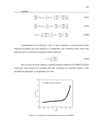 128

        Apêndice

                          dnar                          d n v ⎛ dm ⎞ λ
                               + n ar α L + n v α v +        =⎜    ⎟                                     (6.26)
                          dT               L          L dT ⎝ dT ⎠ 2 L


                          dnar              ⎛           d nv                       ⎞ ⎛ dm ⎞ λ
                               + n ar α L + ⎜ n v α v +                            ⎟=⎜    ⎟              (6.27)
                          dT               L⎝           dT                         ⎠ ⎝ dT ⎠ 2 L

                                                  λ ⎛ dm ⎞     ⎛         d nv              ⎞ dnar
                          n ar α L =                  ⎜    ⎟ − ⎜ nv αv +                   ⎟−            (6.28)
                                                  2 L ⎝ dT ⎠ L ⎝         dT                ⎠ dT



        Considerando na eq. (6.28) que o nar = 1 e que o segundo e o terceiro termo do lado
esquerdo da equação são muito pequenos, se comparados com o primeiro termo, temos uma
expressão para o coeficiente de expansão térmica, dado por:

                                                                  λ ⎛ dm ⎞
                                                         αL ≈         ⎜    ⎟                             (6.29)
                                                                  2 L ⎝ dT ⎠

        Para os testes de nosso sistema, a primeira amostra medida foi de PMMA (Acrílico
Comercial). Essa amostra foi escolhida pelo alto coeficiente de expansão térmica e pela
facilidade de perfuração, se comparada a um vidro.



                                        50

                                                         PMMA - Acrílico Comercial
                                        40



                                        30
                           α (.10 K )
                           -1
                           -5




                                        20



                                        10



                                        0
                                             20     30       40      50      60       70      80    90
                                                                          T (ºC)


                   Figura 72 – Coeficiente de expansão térmica da amostra de PMMA.
 